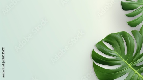 Mock up with flat lay monstera tropical leaves with free space for text. Background for product presentation or showcase