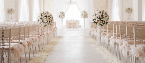 Indoor wedding reception area featuring flower focused d cor