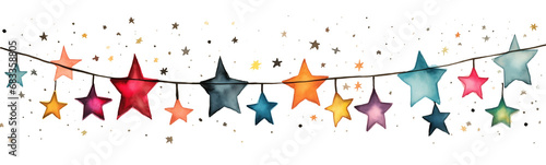 Cute drawing of stars hanging in magic starry night, happy birthday or christmas celebration, party symbol pattern, dream design, rainbow colors page border illustration on transparent background