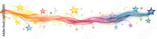 Beautiful colorful paint splashes background, transparent illustration with happy rainbow colors, garland of stars dancing in the sky, page ornament, band or banner, border decoration, pastel dream