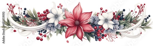 White, blue and red celebration ornament page divider isolated on white background, decorative festive floral frieze or band with flowers, leaves, branches, berries, elegant twirling plant design