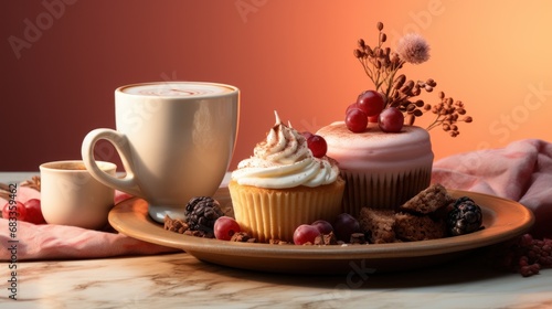 A plate of cupcakes and a cup of coffee on a table