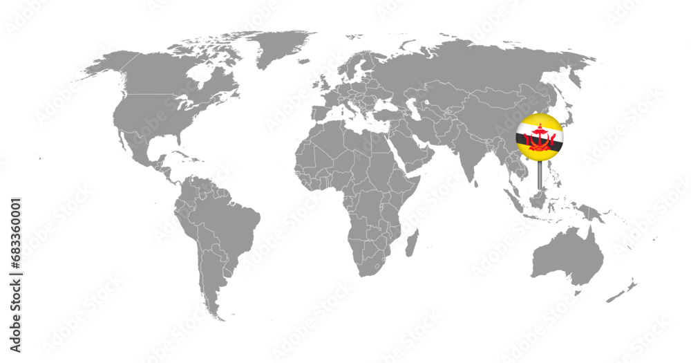 Naklejka premium Pin map with Brunei flag on world map. Vector illustration.