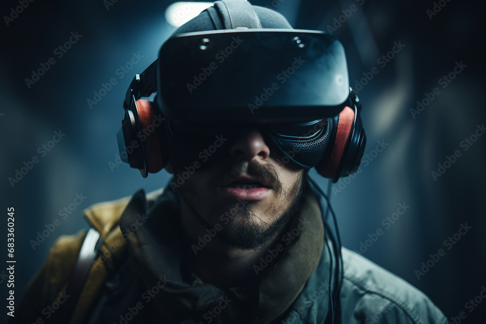 Youngster watching 3d object in virtual world fun cheerful vr glasses goggles generative ai Youngster watching 3d object in virtual world fun cheerful vr glasses goggles generative ai