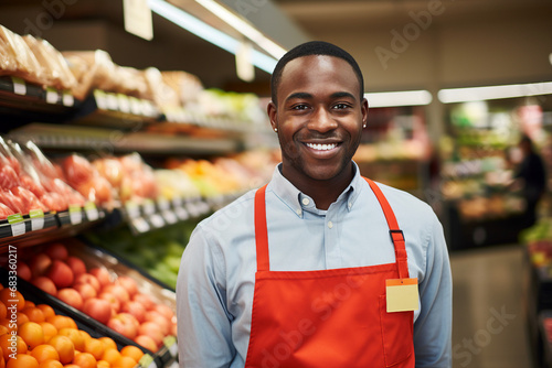 AI generated portrait of joyful salesman cashier serving customers in supermarket photo