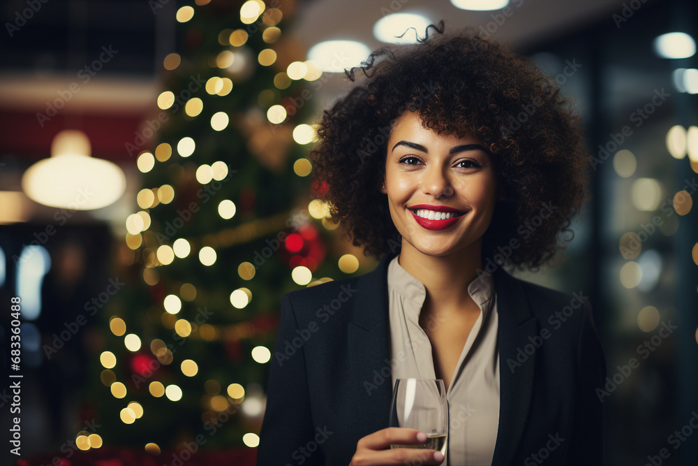 Young business lady in office celebrate christmas day created with ai generative technology Young business lady in office celebrate christmas day created with ai generative technology
