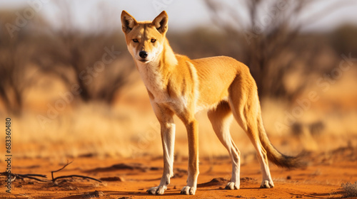 Australian dingo looking for a prey in the middle of the outback in central Australia. generative ai photo