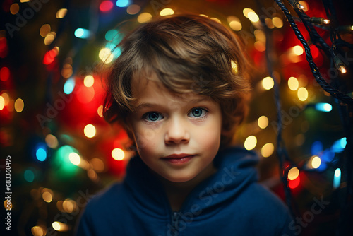 Generative AI. Young boy girl enjoy winter holidays xmas x mas eve decorated room