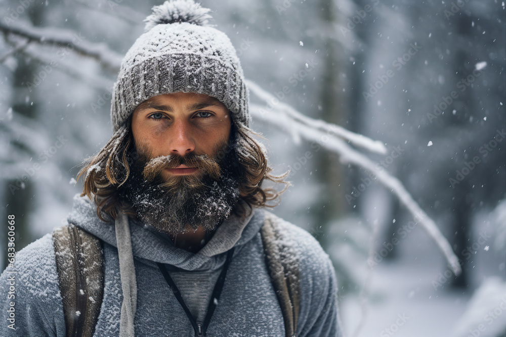 Bearded man guy enjoying wonderful winter weather snowy forest hiker Generative AI Bearded man guy enjoying wonderful winter weather snowy forest hiker Generative AI