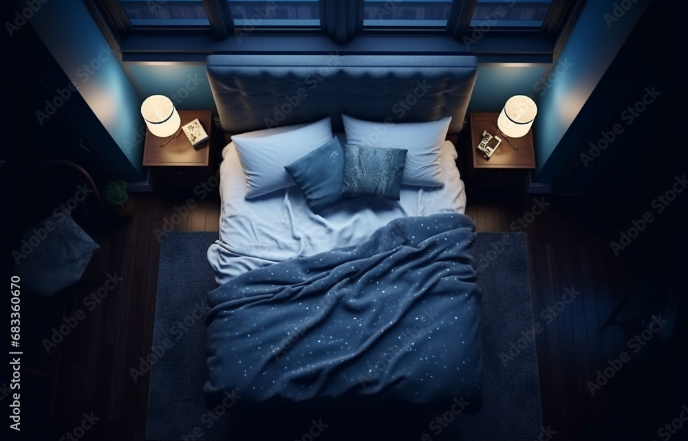 cozy empty bed at night top view. an atmosphere of calm and evening rituals before dreaming in a dream, evening light. room top shot. Generative AI - obrazy, fototapety, plakaty 