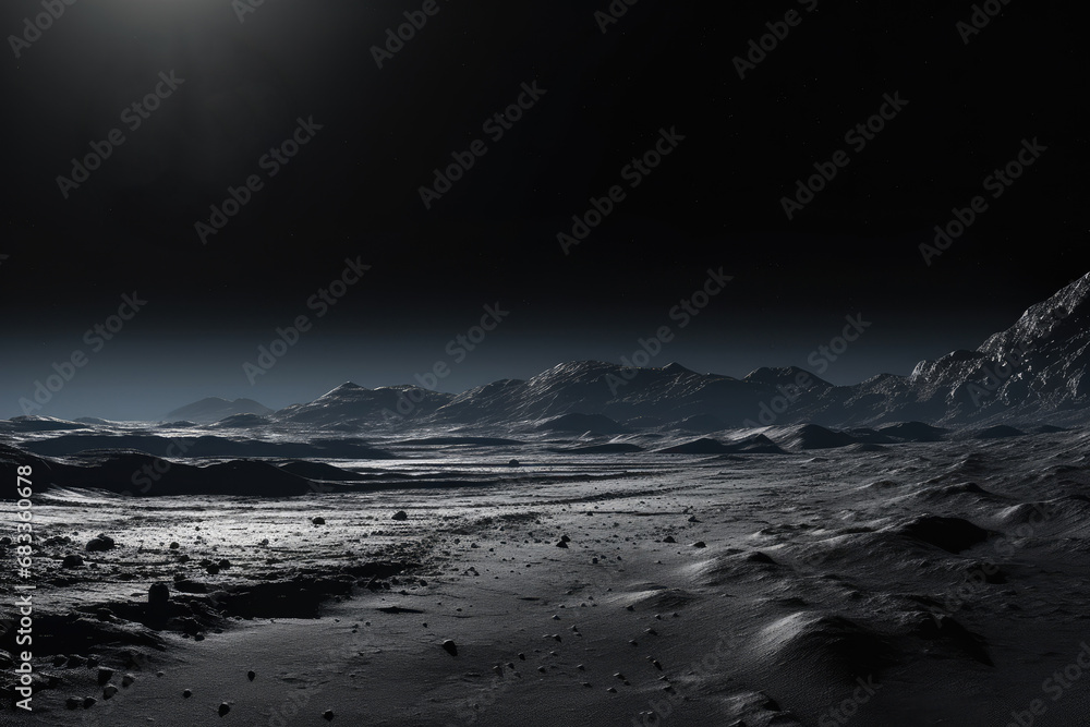 fantastic space landscape of an ice planet, lifeless rocky terrain under the starry sky - obrazy, fototapety, plakaty 
