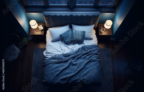 cozy empty bed at night top view. an atmosphere of calm and evening rituals before dreaming in a dream, evening light. room top shot. Generative AI photo