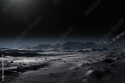 fantastic space landscape of an ice planet, lifeless rocky terrain under the starry sky photo
