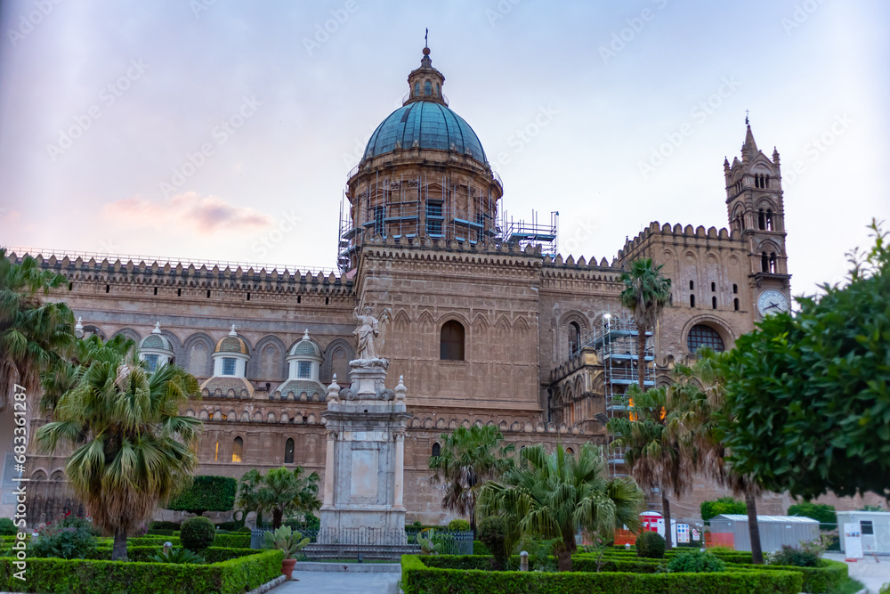 The Cathedral of the City of Palermo, in the South of Italy on Blurred Background