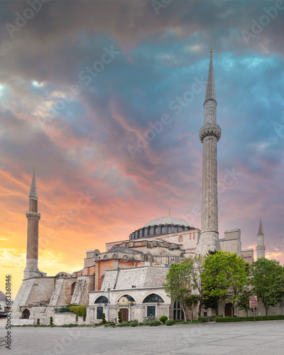 Sunset shot of Hagia Sophia, or Ayasofya, formerly a Greek Orthodox church, Istanbul, Turkiye photo