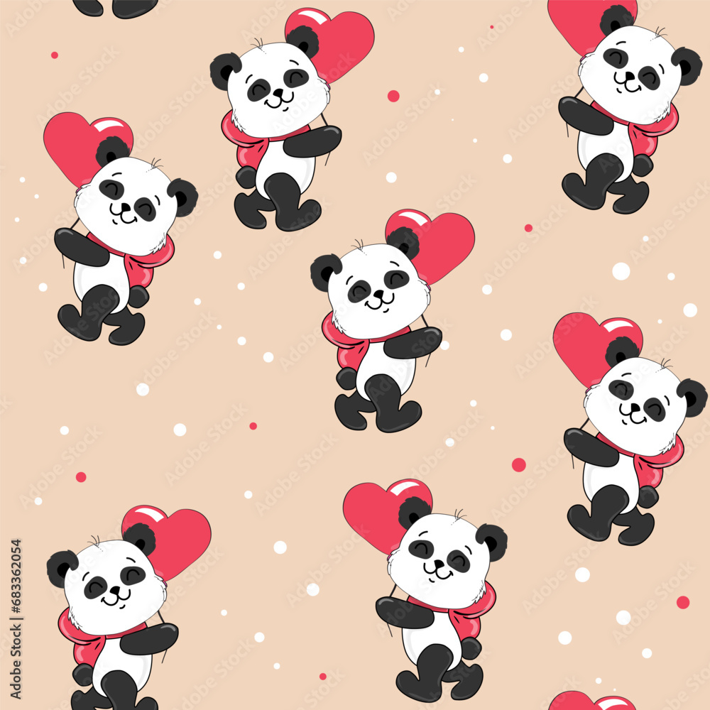 Cartoon panda with heart seamless pattern. Vector cartoon illustration in kawaii style Cartoon panda with heart seamless pattern. Vector cartoon illustration in kawaii style