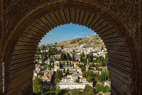 View of The Albaicín district in Granada (Spain), from The Alhambra palace and fortress complex located in Granada, Andalusia, Spain.
