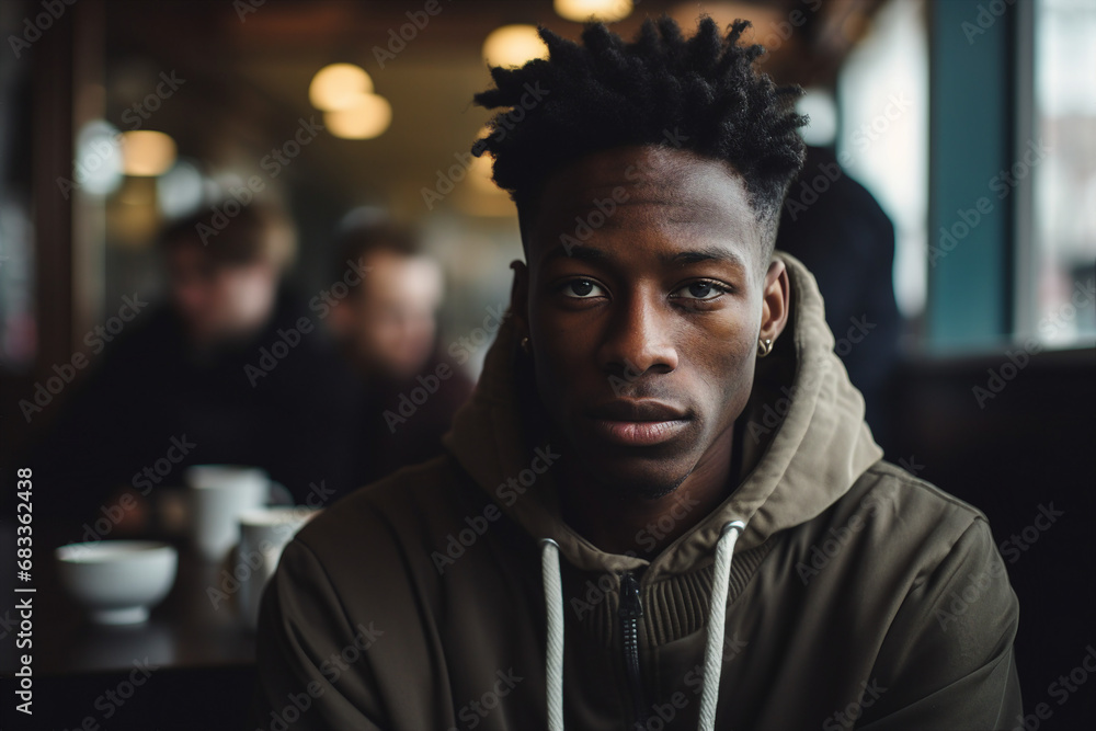 Generative AI portrait of confident city citizen person enjoying weekend time drinking coffee in modern cafe Generative AI portrait of confident city citizen person enjoying weekend time drinking coffee in modern cafe