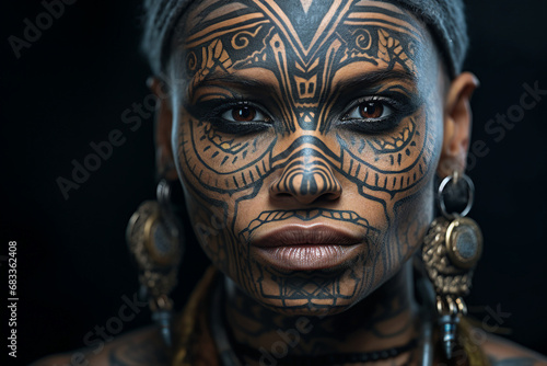 Generative AI portrait of funky stylish woman tattooed body face modern fashion trend