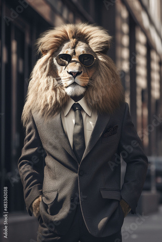 lion animal in the form of a man in a suit and sunglasses, a good leader, the boss, director, generative ai photo