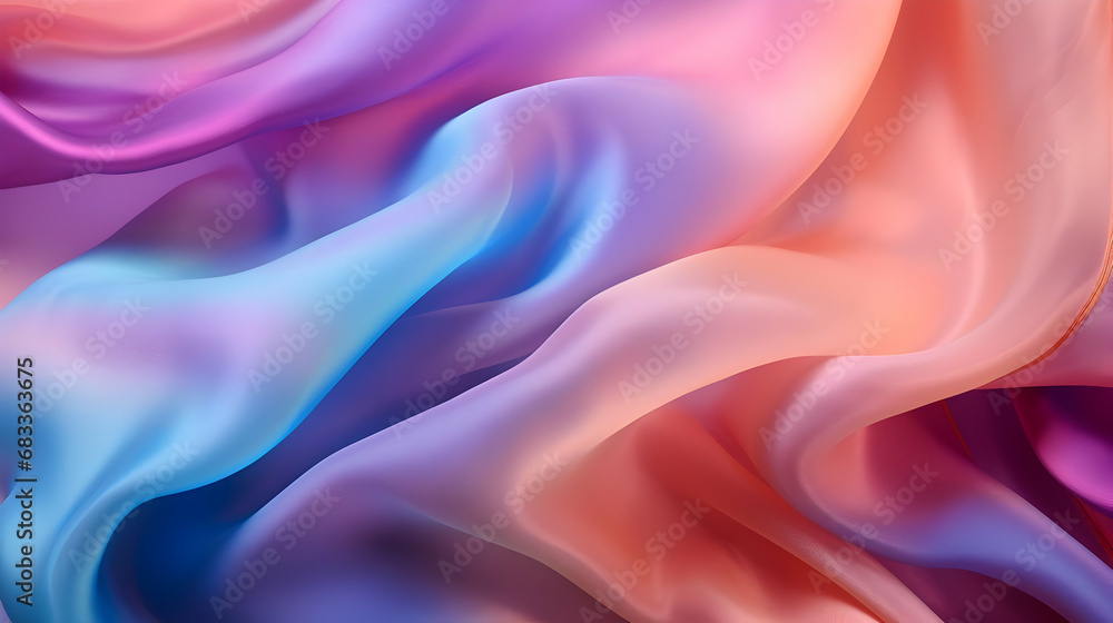 Fototapeta premium Abstract silky texture with smooth waves in pastel pink and blue hues, creating a sense of calm and luxury.