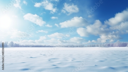 snowy landscape in light blue sky, winter wonderland with sunlight