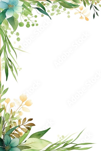 Illustration of Wooden picture frame, covered with leaves and flowers, with a white background, high detail, hyper quality © MaxSimplify