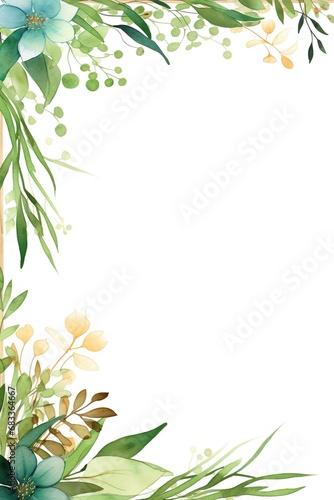 Illustration of Wooden picture frame  covered with leaves and flowers  with a white background  high detail  hyper quality