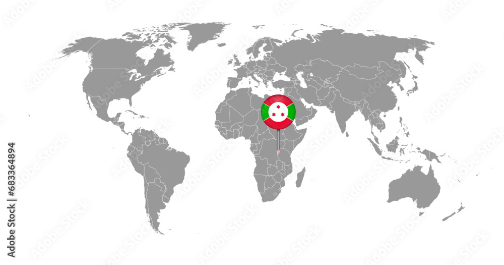 Naklejka premium Pin map with Burundi flag on world map. Vector illustration.