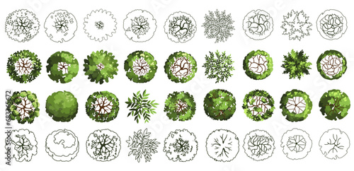 Tree for architectural floor plans. Entourage design. Various trees, bushes, and shrubs, top view for the landscape design plan. Vector illustration.