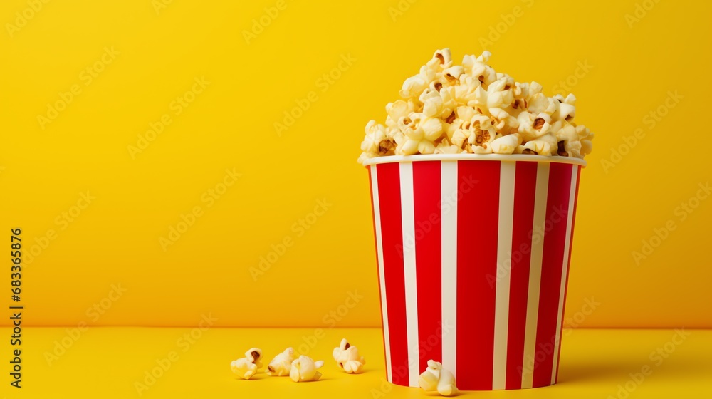 a bucket of popcorn on a yellow background