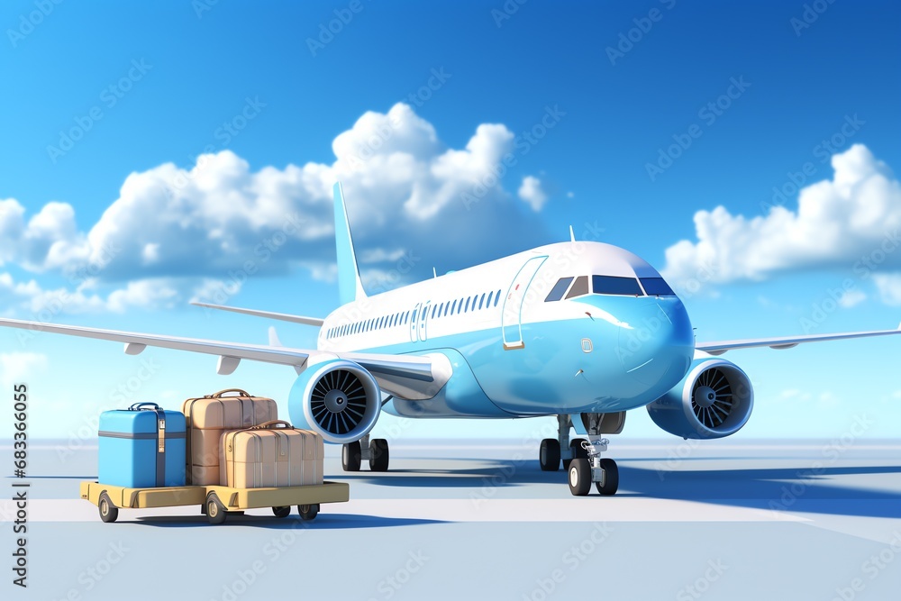 a blue and white airplane with luggage on a cart a blue and white airplane with luggage on a cart