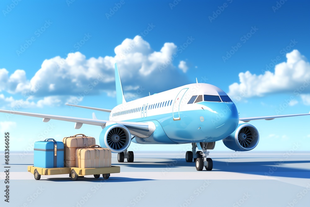 a blue and white airplane with luggage on a cart