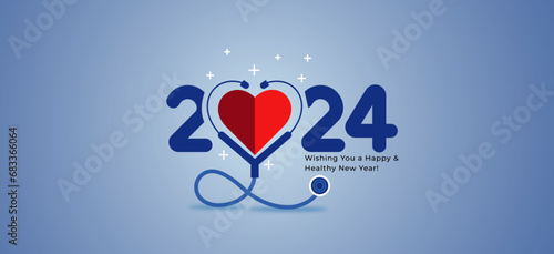 2024 happy new year greeting card design of healthcare clinic, hospital concept with heart and stethoscope on background. 2024 year wishing you a happy and healthy new year healthful year concept