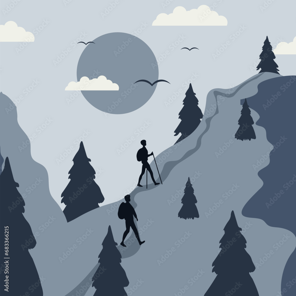 Fototapeta premium Nature landscape can used travel agency banner, poster, flyer. Hiking Travel design with Mountains and walking person silhouette. Vector illustration with Abstract in asian style.