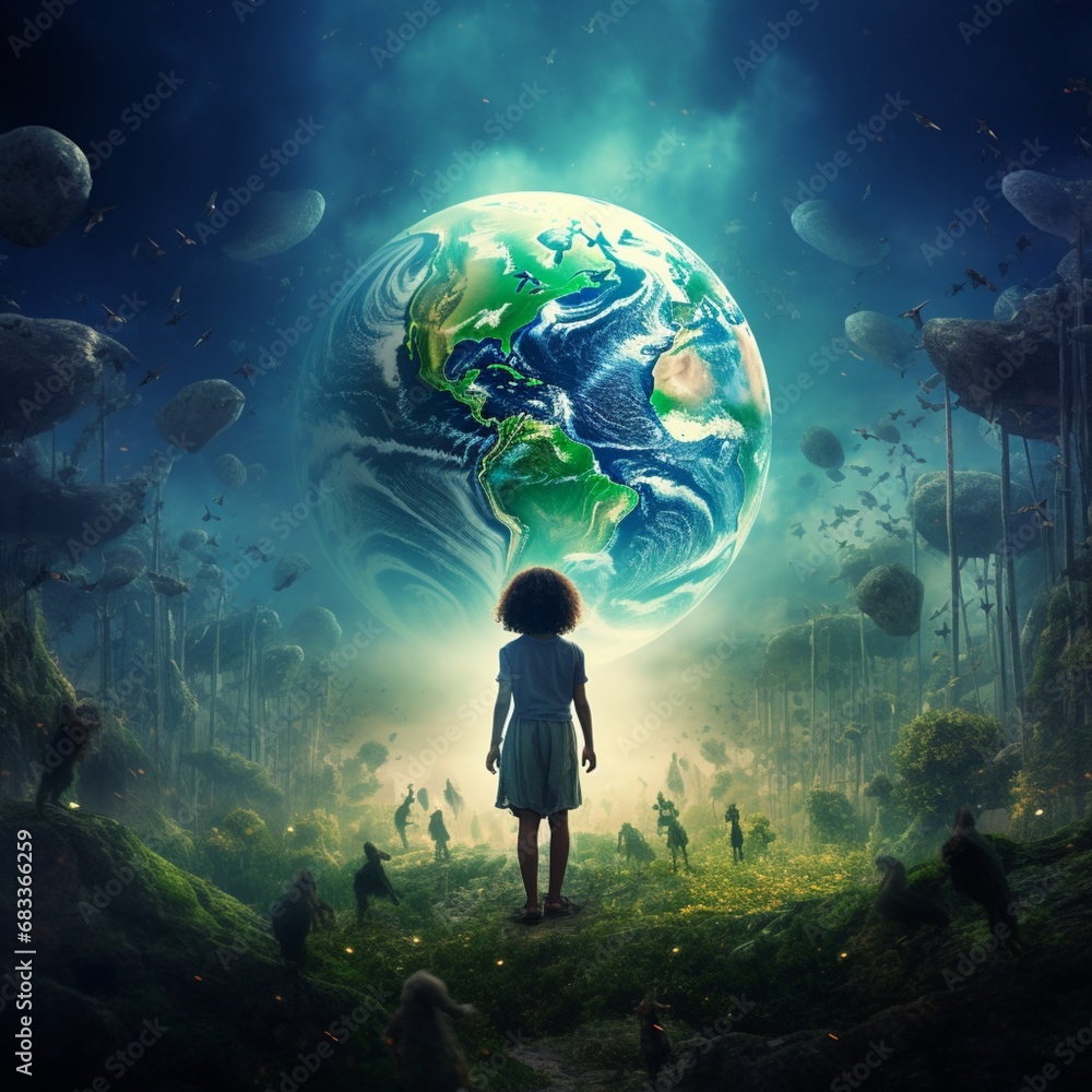 Small child front of glowing earth fantasy background image AI generated art