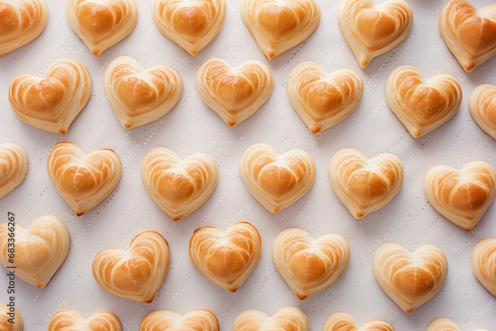 Sweet pastry buns shaped like hearts. Heart-shaped treats reminiscent of Valentine's Day cards. Monochromatic background, top view.