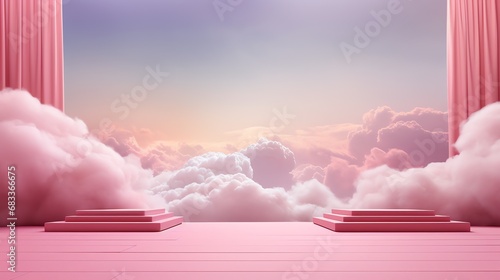 pink platform with stairs and clouds in the sky