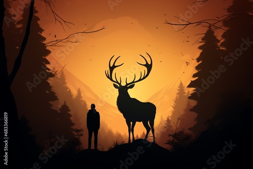 a man standing in front of a large deer in the woods