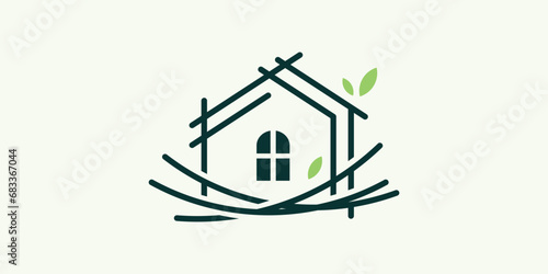 logo design combining the shape of a house with a nest, minimalist logo.