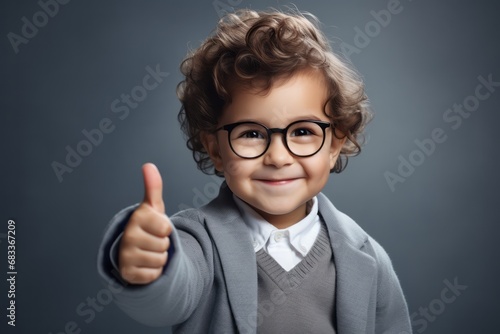 Baby boy with glasses smiles and shows thumbs-up  studio shooting for advertising