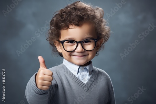 Baby boy with glasses smiles and shows thumbs-up  studio shooting for advertising