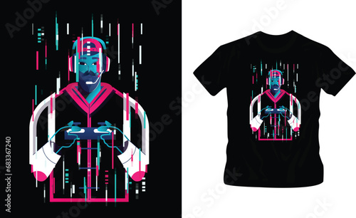 Stylish t-shirt and apparel trendy design with glitchy gamepad, typography, print, vector illustration. Global swatches.