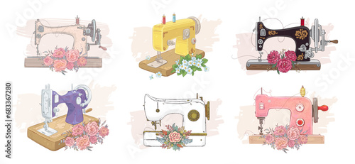 Set of hand drawn sewing machines and flowers. Vector illustration
