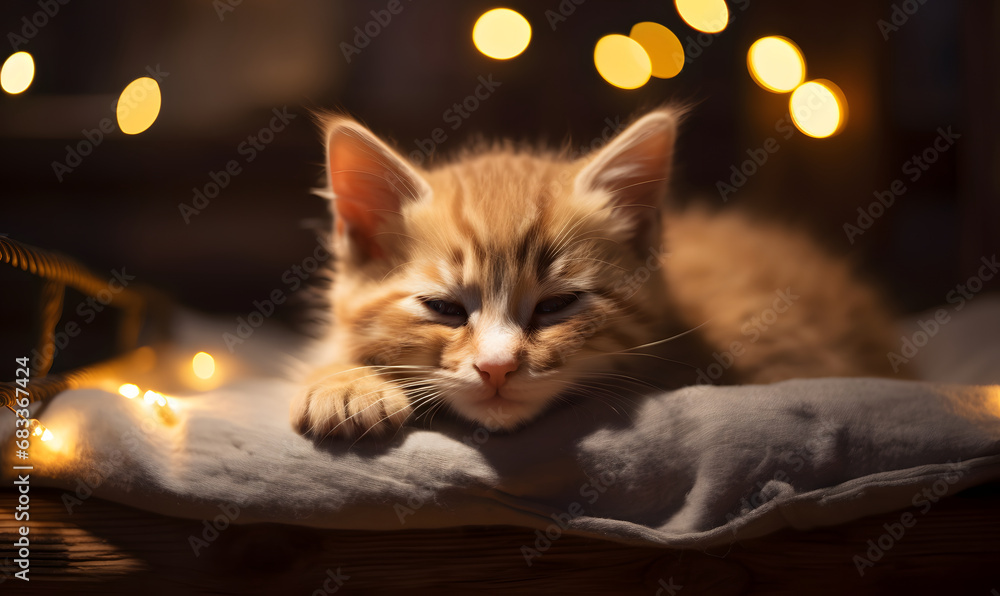 Close-up shot of a domestic 
orange striped kitten sleeping on a pillow under a New Year's garland in a cozy holiday atmosphere. Life of pets concept. Design for festive Christmas, xmas, greeting card