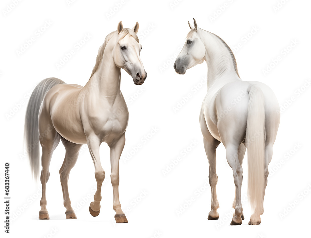 Two white arabian horse, front and back view, isolated background Two white arabian horse, front and back view, isolated background