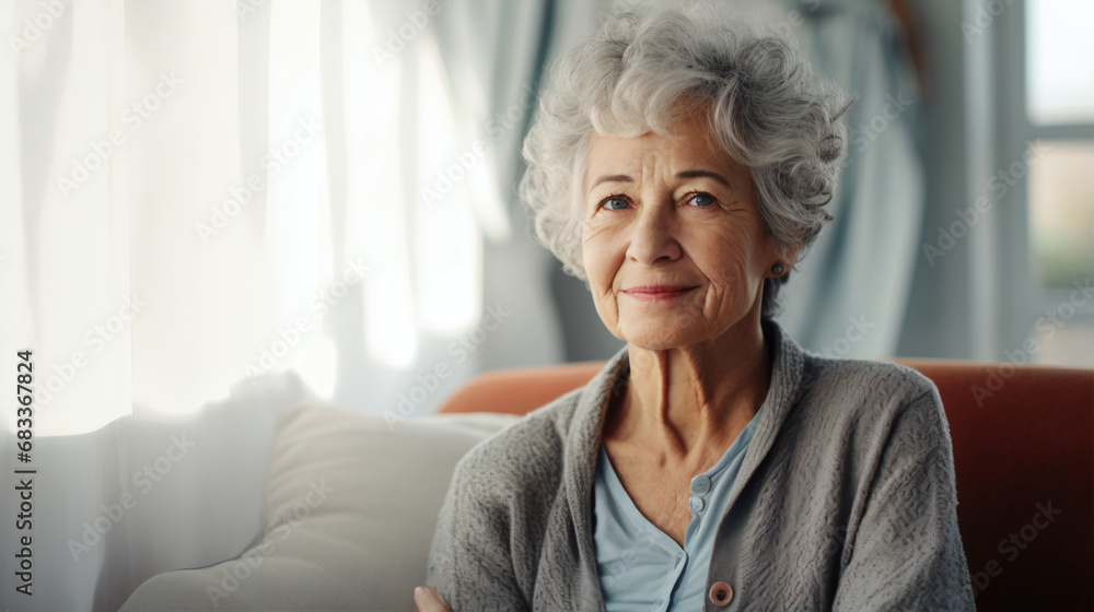Senior 70s woman sitting alone on a sofa at home. Friendle retired woman relaxing in living room. AI generated poto Senior 70s woman sitting alone on a sofa at home. Friendle retired woman relaxing in living room. AI generated poto