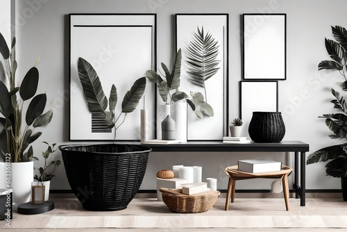 Modern living room interior with black mock up poster frame, design commode, leaf in vase, black rattan basket, books and elegant accessories. Template. Stylish home decor. photo