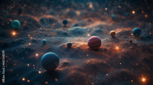 Planets, deep space, universe. Glowing lights, sparkle of stardust, particles. Galaxies.