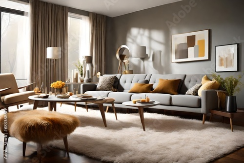 a modern living room in a mid-century modern-style home  highlighting the use of neutral tones  sleek furniture  a fur blanket on a grey sofa near a coffee table with candles against the window.
